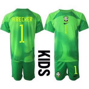 Brasilien Alisson Becker #1 Målvakt Bortatröja Barn VM 2022 Kortärmad (+ Korta byxor)