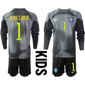 Brasilien Alisson Becker #1 Målvakt Hemmatröja Barn VM 2022 Långärmad (+ Korta byxor)