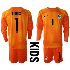 Frankrike Hugo Lloris #1 Målvakt Hemmatröja Barn VM 2022 Långärmad (+ Korta byxor)