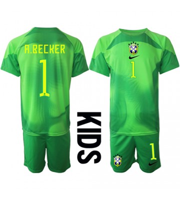 Brasilien Alisson Becker #1 Målvakt Bortatröja Barn VM 2022 Kortärmad (+ Korta byxor)