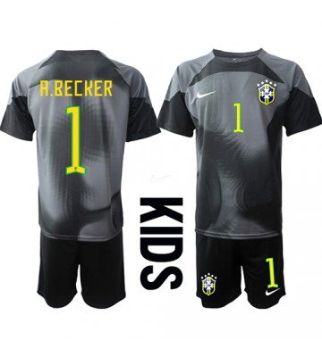 Brasilien Alisson Becker #1 Målvakt Hemmatröja Barn VM 2022 Kortärmad (+ Korta byxor)
