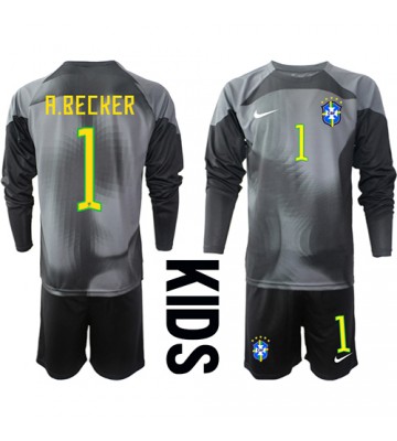 Brasilien Alisson Becker #1 Målvakt Hemmatröja Barn VM 2022 Långärmad (+ Korta byxor)