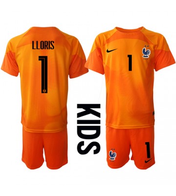 Frankrike Hugo Lloris #1 Målvakt Hemmatröja Barn VM 2022 Kortärmad (+ Korta byxor)