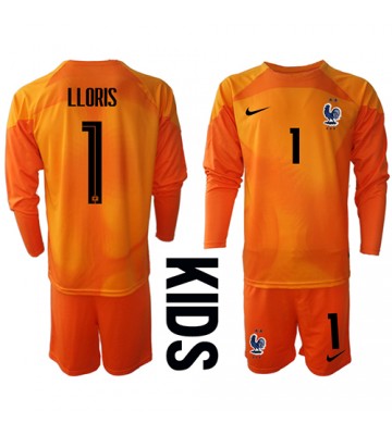 Frankrike Hugo Lloris #1 Målvakt Hemmatröja Barn VM 2022 Långärmad (+ Korta byxor)